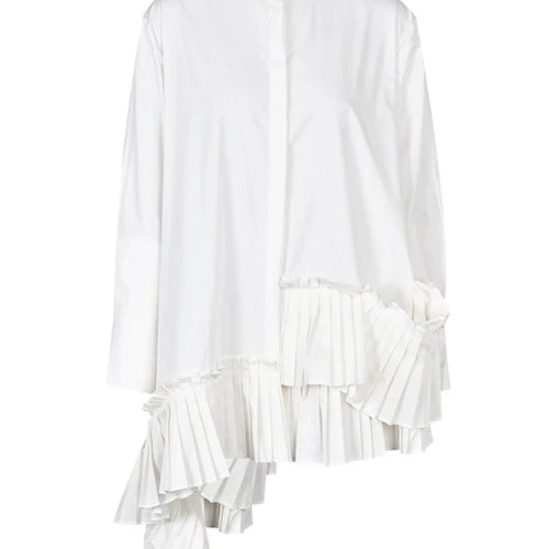 Load image into Gallery viewer, Women White Ruffles Irregular Long Blouse New Stand Collar Long Sleeve Loose Fit Shirt Fashion Spring Autumn 2025 JI82400
