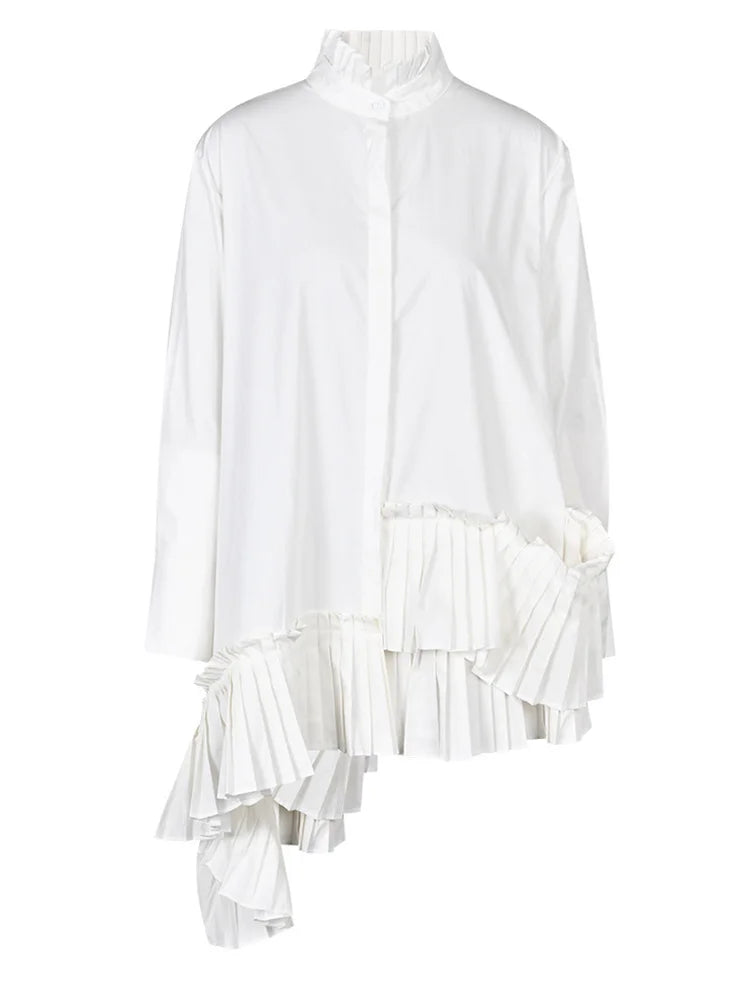 Women White Ruffles Irregular Long Blouse New Stand Collar Long Sleeve Loose Fit Shirt Fashion Spring Autumn 2025 JI82400