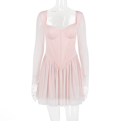 Load image into Gallery viewer, Lace Mesh Backless Sexy Mini Dress For Women Zipper Fishbone Square Collar Long Sleeve Ruched Club Party Dress New
