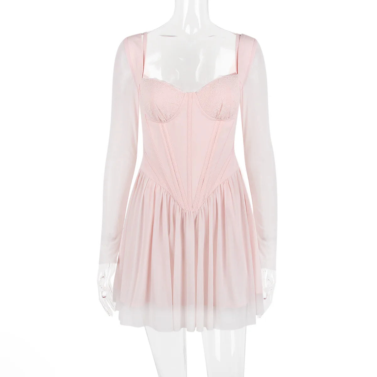 Lace Mesh Backless Sexy Mini Dress For Women Zipper Fishbone Square Collar Long Sleeve Ruched Club Party Dress New