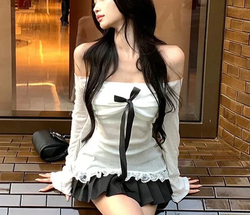 Bow Off Shoulder Long Sleeve Top Y2k Coquette White Tshirts Women Fitted Tee Korean Style Women Clothing 2024 P85-BZ12