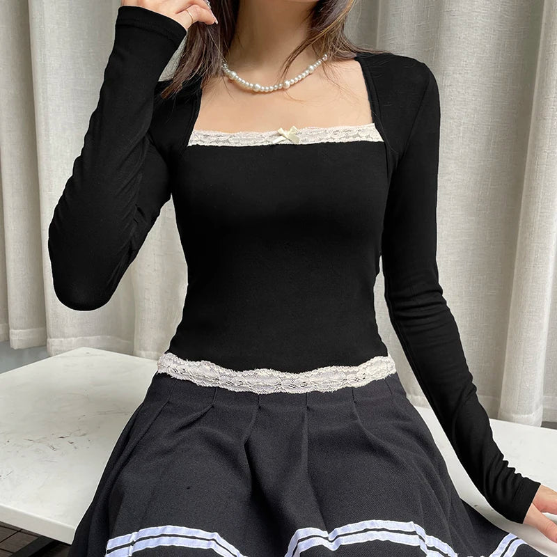 Vintage Y2K Aesthetic Lace Trim Slim Crop Top Female T-shirt Fashion Japanese Bow Kawaii Tee Cottagecore Square Neck