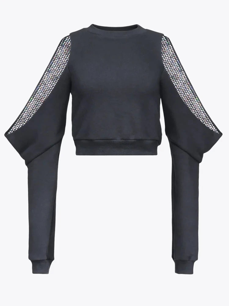 Patchwork Diamonds Solid Casual Short Sweatshirts For Women Round Neck Long Sleeve Hollow Out Pullover Sweatshirt Female