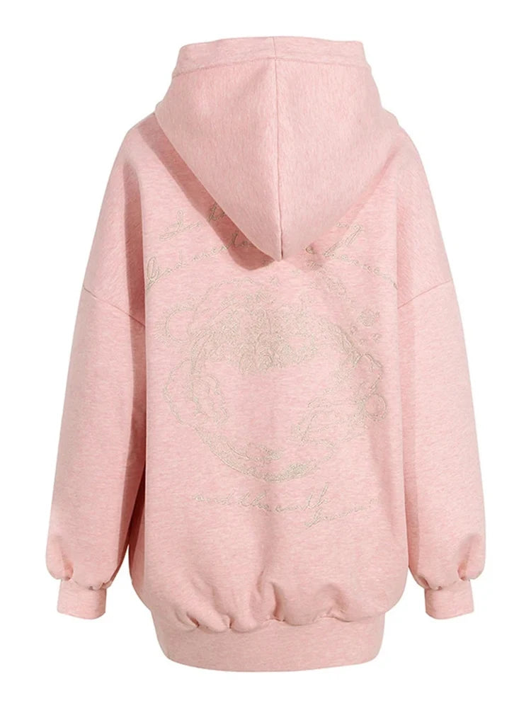 Embroidery Hollow Out Loose Sweatshirt For Women Hooded Long Sleeve Patchwork Diamonds Chic Sweatshirts Female New