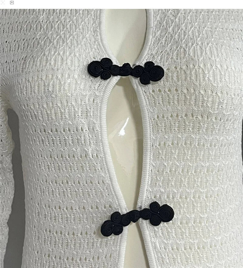 Hollow Out Knit Sexy Maxi Dress Women Fashion See Through Smock Dress Elegant Long Sleeve Backless Fishtail Dress