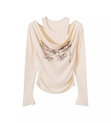 Sexy Woman T Shirts Y2k Tops Fake Two Tees Off Shoulder Long Sleeve Camisetas Tunic Print Fashion Y2k Tshirts 2024 Ropa Mujer