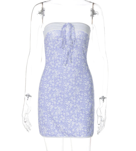 Summer Elegant Strapless Floral Print Patchwork Sexy Bodycon Mini Dress Women New Y2K Clothes Birthday Beach Vacation