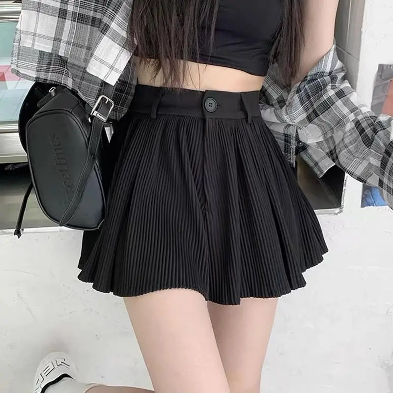 Women Sweet Black White Vacation Zipper Pleated Short Pant Summer Pink High Waist Wide Leg A-line Mini Shorts Casual Simplicity