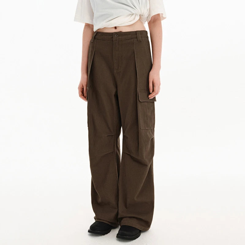 American Style Men's Cargo Pants Casual Pleated Solid Color Thickened Menswear Straight Leg Male Trousers Autumn 9C9293