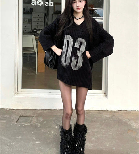 Casual Grunge Harajuku Knitted Sweaters 2025 Off Shoulder Black Letter Printing Jumpers Y2k Aesthetic Vintage Loose Pullovers