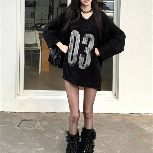 Load image into Gallery viewer, Casual Grunge Harajuku Knitted Sweaters 2025 Off Shoulder Black Letter Printing Jumpers Y2k Aesthetic Vintage Loose Pullovers
