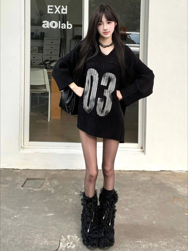 Casual Grunge Harajuku Knitted Sweaters 2025 Off Shoulder Black Letter Printing Jumpers Y2k Aesthetic Vintage Loose Pullovers