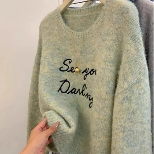 Load image into Gallery viewer, Vintage Women Green Letter Embroidery Round Neck Pullover Sweater Autumn Winter Warm Korean Fashion Long Sleeved Knitwear Tops
