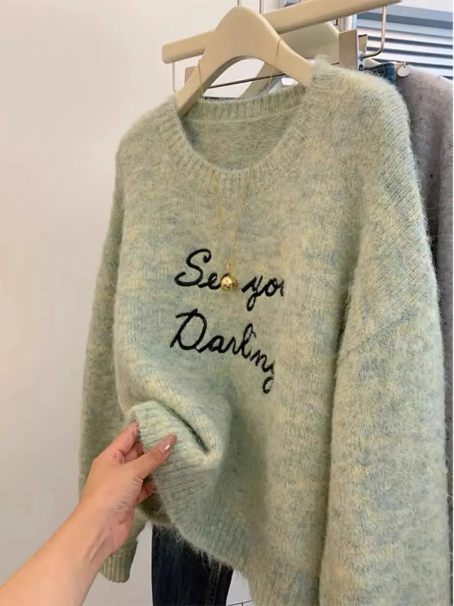 Vintage Women Green Letter Embroidery Round Neck Pullover Sweater Autumn Winter Warm Korean Fashion Long Sleeved Knitwear Tops