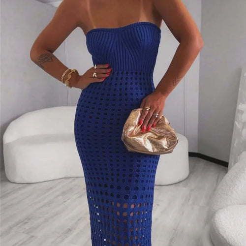 Load image into Gallery viewer, Strapless Off-shoulder Hollow Out Knit Maxi Dress For Women Gown Fashion Sleeveless Backless Beach Skinny Long Dress
