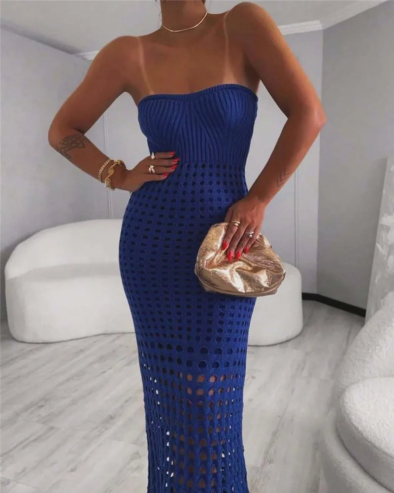 Strapless Off-shoulder Hollow Out Knit Maxi Dress For Women Gown Fashion Sleeveless Backless Beach Skinny Long Dress