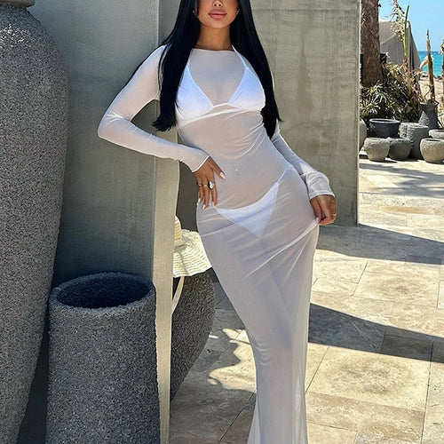 Load image into Gallery viewer, Sexy See Through Gauze Close Fitting Long Dress Basics Solid Color Straight Shoulder Long Sleeve Robe Summer Lady Clothes

