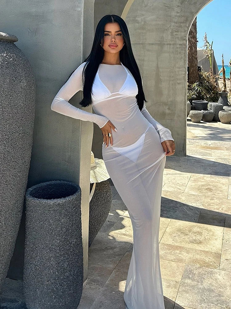 Sexy See Through Gauze Close Fitting Long Dress Basics Solid Color Straight Shoulder Long Sleeve Robe Summer Lady Clothes
