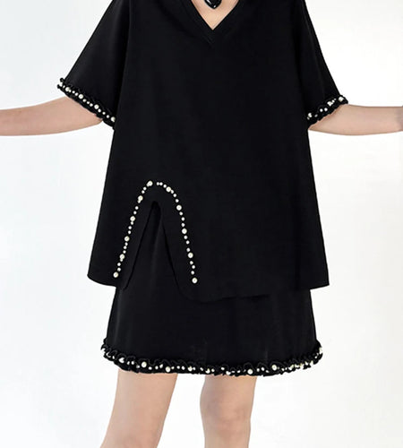 Black Pearled T-shirt Mini Skirt Two Pieces Suit New Round Neck Short Sleeve Women Fashion Spring Summer 2025 1DJ1124
