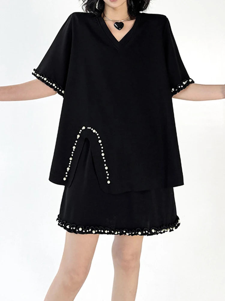 Black Pearled T-shirt Mini Skirt Two Pieces Suit New Round Neck Short Sleeve Women Fashion Spring Summer 2025 1DJ1124
