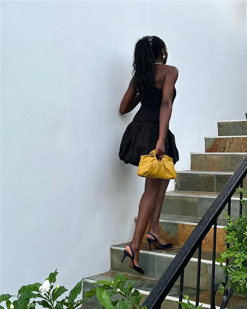 Black Sleeveless Puffy Dress For Women Fashion Round Neck High Waist Backless A-line Loose Sexy Dress Clothes