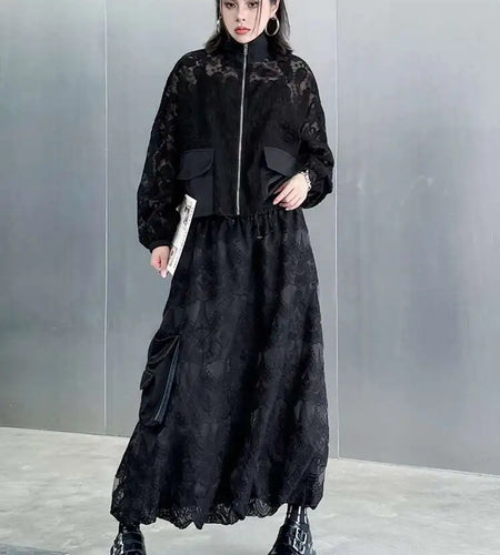 Black Lace Jacket Pocket Skirt Two Pieces Suit New Stand Collar Long Sleeve Women Fashion Tide Spring Autumn 2025 1DJ0248
