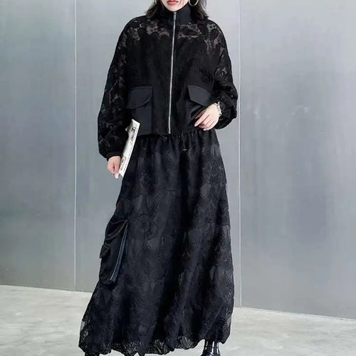 Load image into Gallery viewer, Black Lace Jacket Pocket Skirt Two Pieces Suit New Stand Collar Long Sleeve Women Fashion Tide Spring Autumn 2025 1DJ0248
