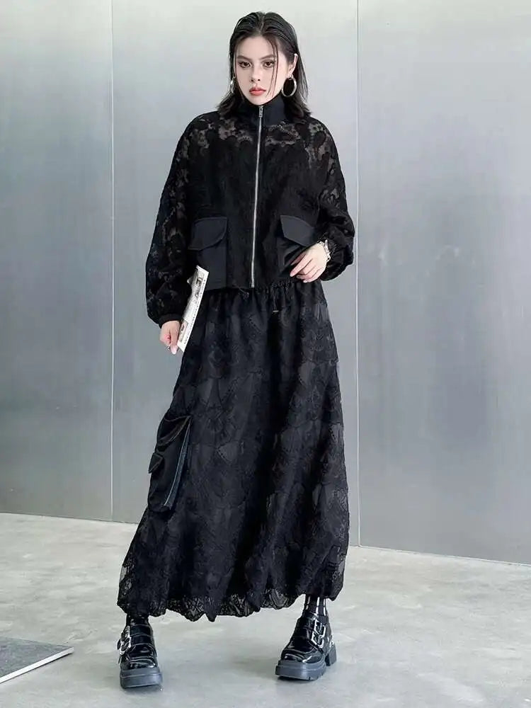 Black Lace Jacket Pocket Skirt Two Pieces Suit New Stand Collar Long Sleeve Women Fashion Tide Spring Autumn 2025 1DJ0248