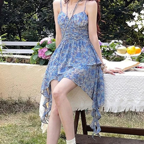 Load image into Gallery viewer, Irregular Blue Spaghetti Strap Floral Dress Slim Waist Elegant Vacation Party Club Female Dresses French Style Chic Dress
