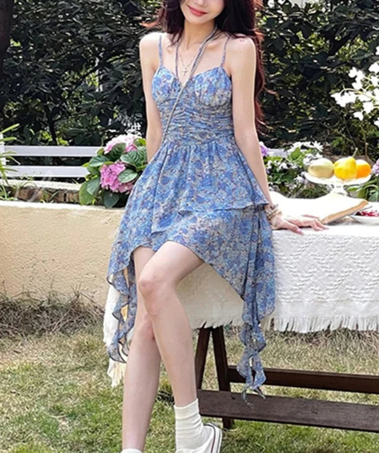 Irregular Blue Spaghetti Strap Floral Dress Slim Waist Elegant Vacation Party Club Female Dresses French Style Chic Dress