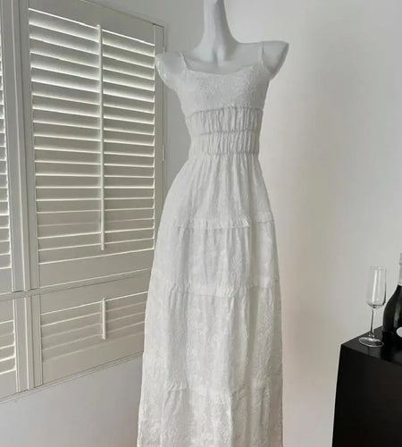 Summer French Vintage Pink Elegant Slim Backless Party Dress Women White High Waist Sleeveless Ruffle Edge Slip Long Dress Trend