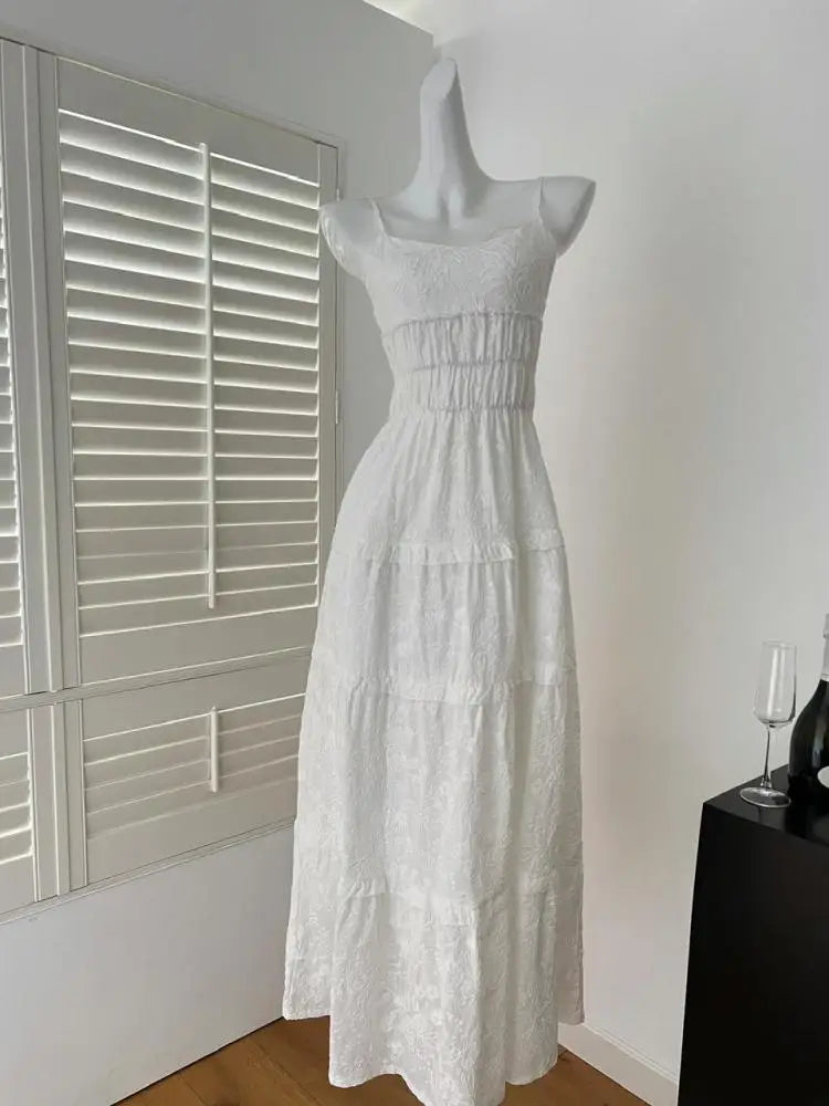 Summer French Vintage Pink Elegant Slim Backless Party Dress Women White High Waist Sleeveless Ruffle Edge Slip Long Dress Trend