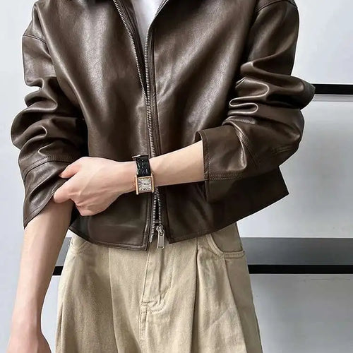 Load image into Gallery viewer, PU Leather Brown Big Size Casual Short Jacket New Lapel Long Sleeve Women Coat Fashion Tide Spring Autumn 2025 1DH6650
