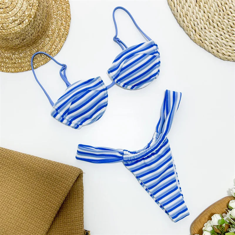 Sexy Striped Underwired Bandeau Bikini Women Swimwear Brazilian Female Swimsuit Two-pieces Bikini Set