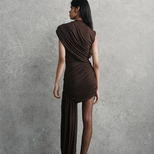 Load image into Gallery viewer, Irregular Draped Ruched Sexy Mini Dress For Women Elegant Turtleneck Sleeveless High Waist Pleated Club Party Dress
