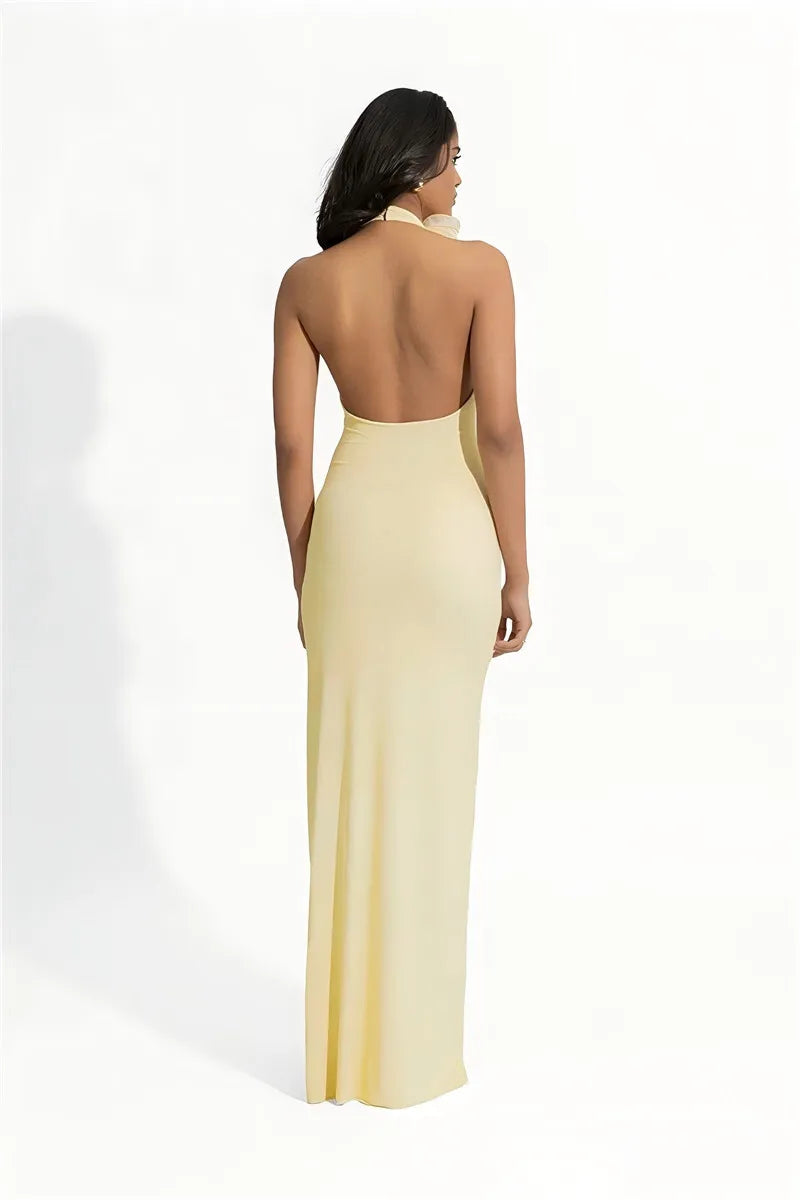 Mesh Rose Deep V Neck Sexy Maxi Dress For Women Gown Elegant Halter Sleeveless Backless Bodycon Club Party Long Dress