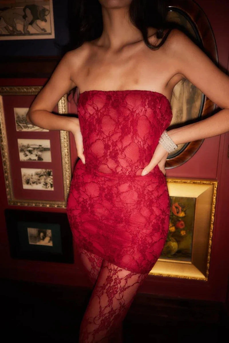 See Through Lace Sexy Dress Set Women Off-shoulder Strapless Dress And Pants Matching Sets Ladies Party Two Piece Set