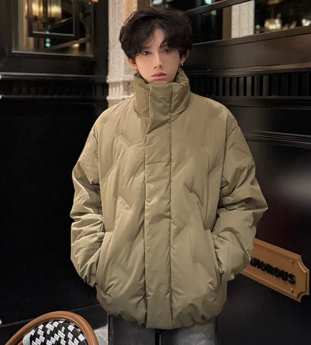 Korean Style Men's Padded Jacket Stand Collar Solid Color Thickened Fashion Autumn Winter 2024  Zipper Button Design 9C8795