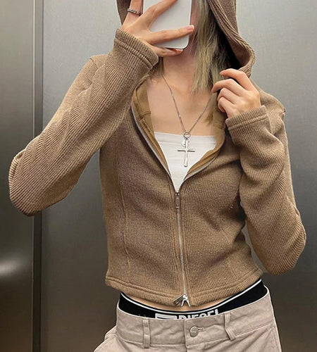 Casual Knit Spring Autumn T shirt Female Hooded Top Solid Basic Outwear Harajuku Zip Up Jacket Shirt Cropped Clothing