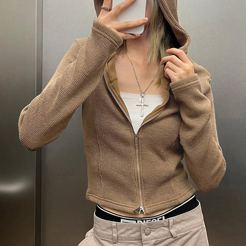 Casual Knit Spring Autumn T shirt Female Hooded Top Solid Basic Outwear Harajuku Zip Up Jacket Shirt Cropped Clothing