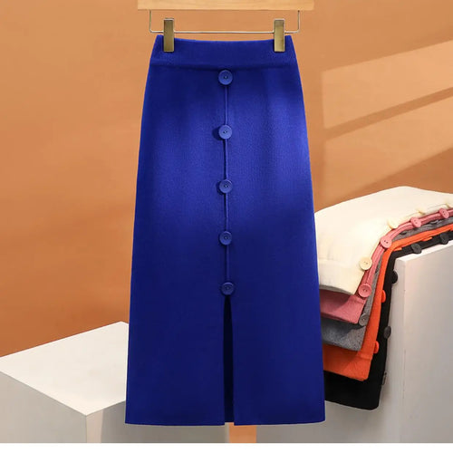 Load image into Gallery viewer, Solid Knit Wrap Hip Skirts Women 2023 Autumn Winter New Fashion Midi Skirt Vintage Casual Elastic High Waist Button Split Skirt
