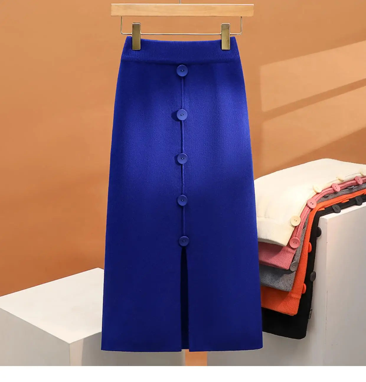 Solid Knit Wrap Hip Skirts Women 2023 Autumn Winter New Fashion Midi Skirt Vintage Casual Elastic High Waist Button Split Skirt