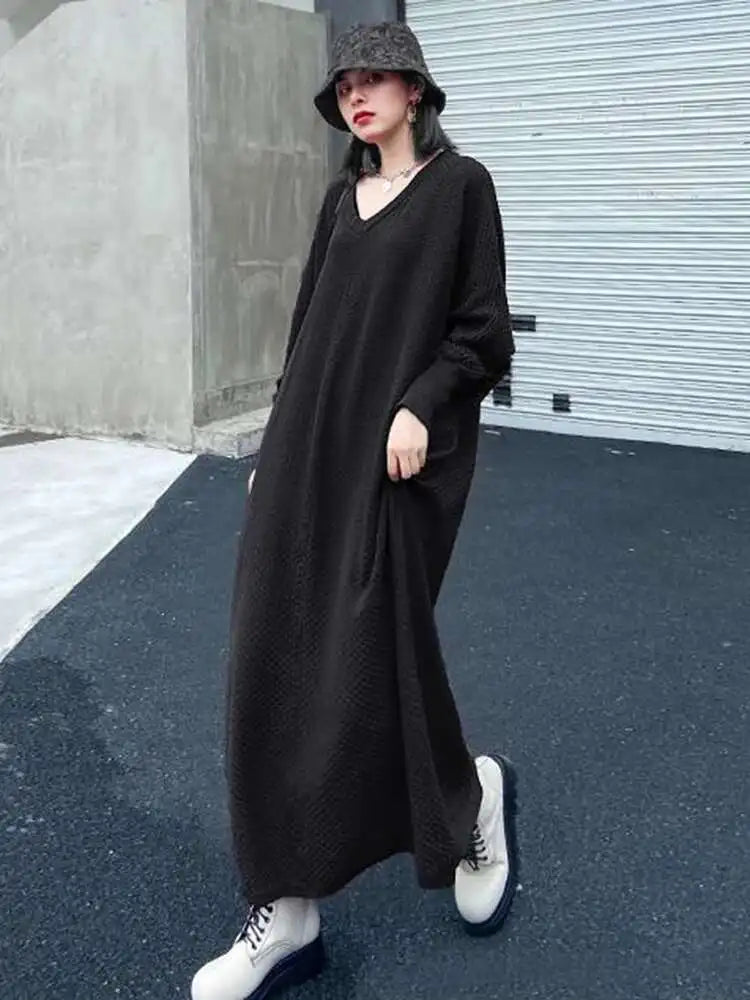 Women Purple Knitting Big Size Casual Long Sweater Dress New V-Neck Long Sleeve Fashion Tide Spring Autumn 2025 1DH7780