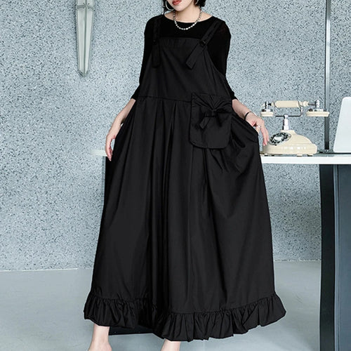 Load image into Gallery viewer, Women Black Ruffles Pocket Big Size Midi Strap Dress New Square Collar Sleeveless Fashion Tide Spring Autumn 2025 1DJ1158
