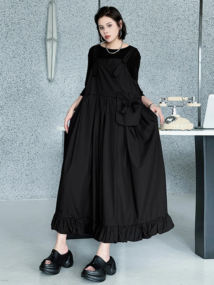 Women Black Ruffles Pocket Big Size Midi Strap Dress New Square Collar Sleeveless Fashion Tide Spring Autumn 2025 1DJ1158