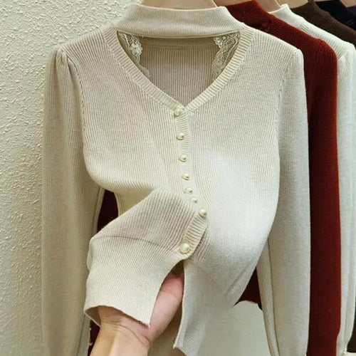 Load image into Gallery viewer, Autumn Winter Solid Lace Hollow Out Single Breasted Velvet Sweater Korean Fashion Women Warm Knitwear Long Sleeve Pullovers Tops
