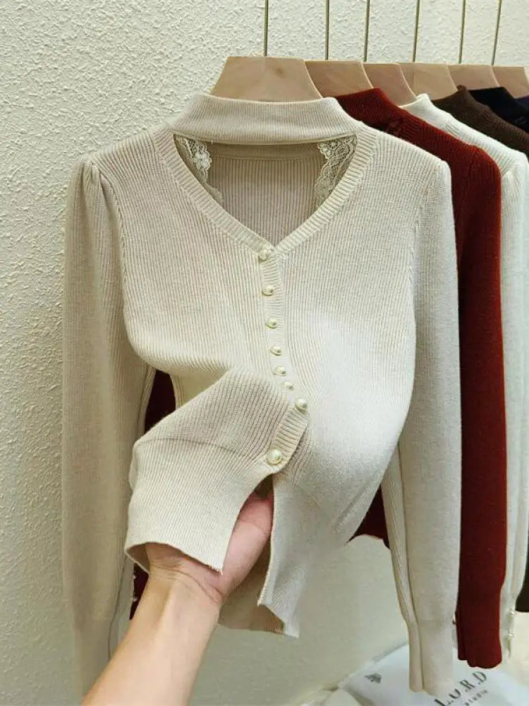 Autumn Winter Solid Lace Hollow Out Single Breasted Velvet Sweater Korean Fashion Women Warm Knitwear Long Sleeve Pullovers Tops