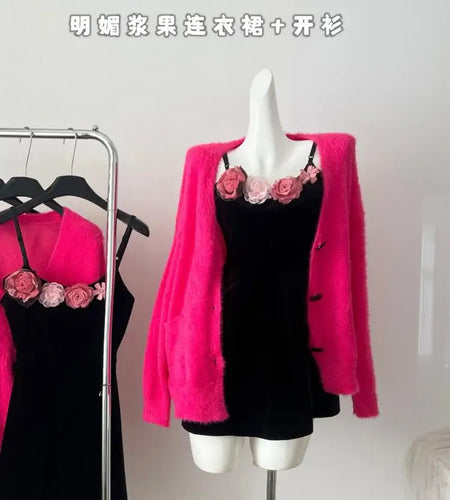 New Rose Red V-neck Single Breasted Knitted Cardigan Warm Tops Women Long Sleeve Loose Casual Sweater 2024 Autumn Winter Fashion