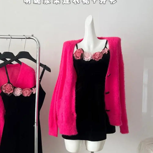 Load image into Gallery viewer, New Rose Red V-neck Single Breasted Knitted Cardigan Warm Tops Women Long Sleeve Loose Casual Sweater 2024 Autumn Winter Fashion
