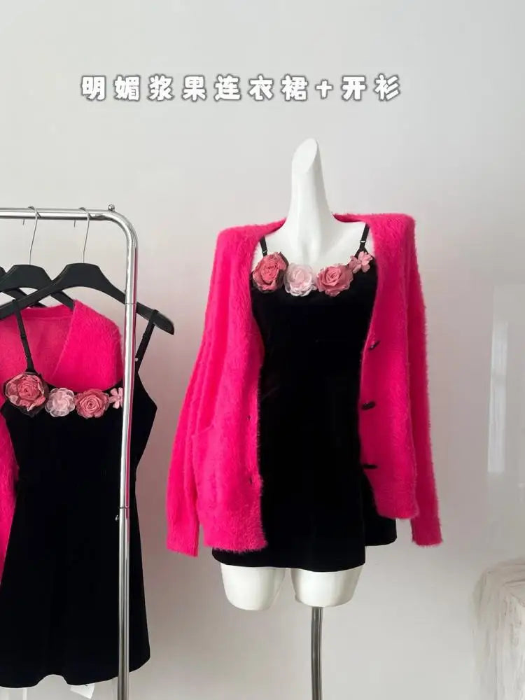 New Rose Red V-neck Single Breasted Knitted Cardigan Warm Tops Women Long Sleeve Loose Casual Sweater 2024 Autumn Winter Fashion